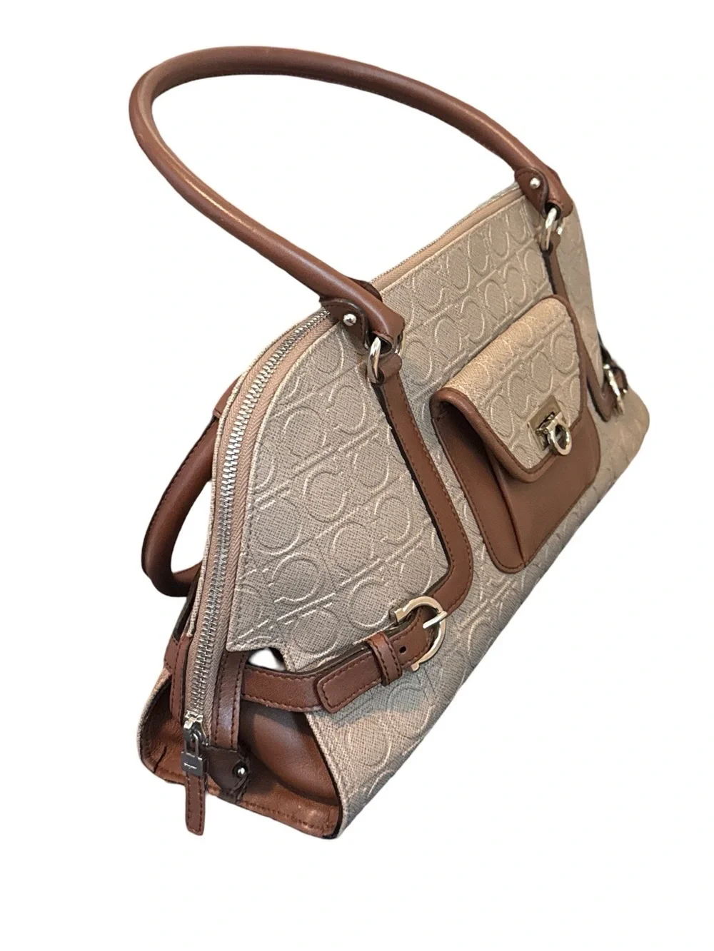 Salvatore Ferragamo Gancini Canvas & Leather Satchel Handbag Beige Brown Italy - Picture 5 of 15